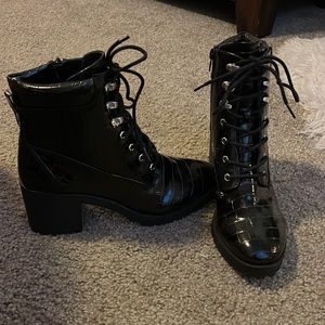 Lulus “Qupido” Black Combat Heeled Boots, Size 8